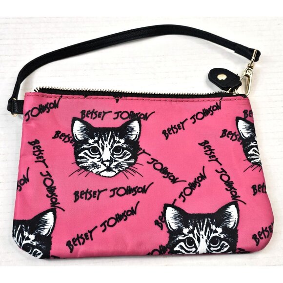 Betsey Johnson Pink Cat Print Wristlet Purse With Zippered Closure & Black Strap - Picture 5 of 5